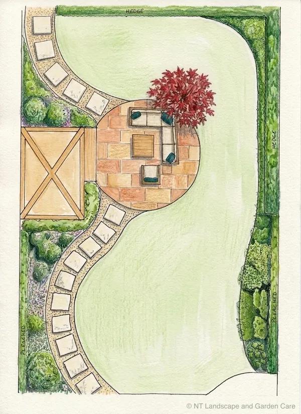 Concept sketch: a curved stepping-stone path leading to a circular terrace under an acer, with informal cottage planting