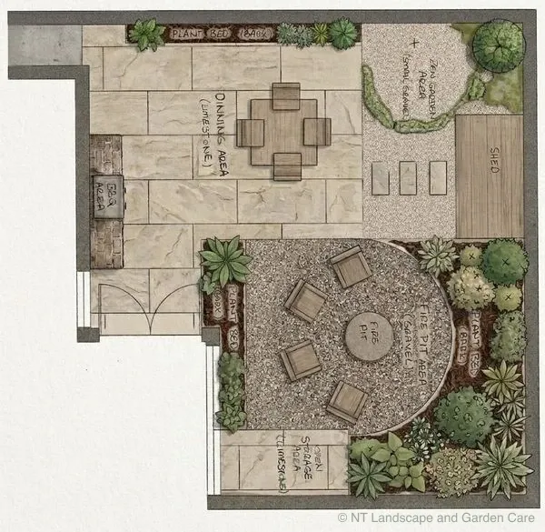 Garden plan: a circular gravel fire-pit area, limestone dining terrace, BBQ run and a small gravel zen garden