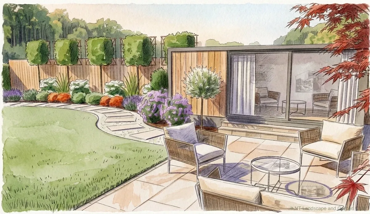 Watercolour perspective of a garden: sandstone terrace with seating, a curved lawn and stepping-stone path, a timber garden room with sliding doors, pleached trees along the fence and an acer in leaf