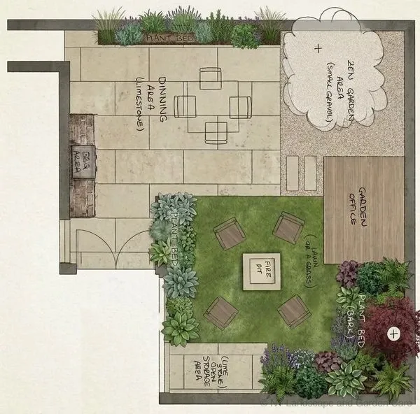 Garden plan: a timber garden office, a lawn with a square fire pit and deep planted borders